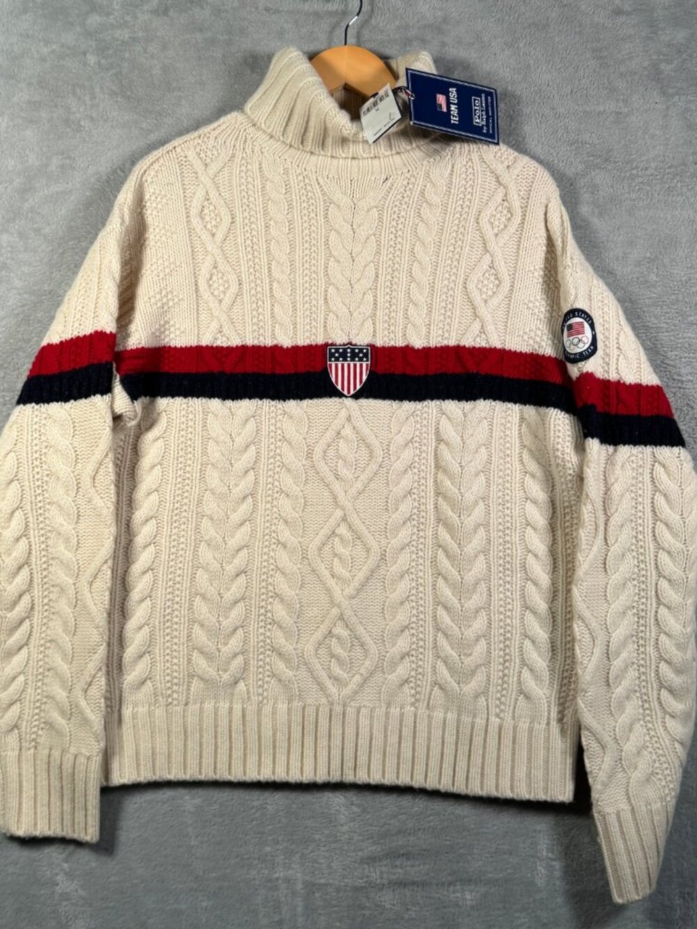 Polo Ralph Lauren Sweater Mens M Cream Team USA Olympic Cable Knit Wool $398